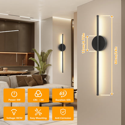 Dehobo LED Akku-Wandleuchte innen, dimmbar, schwarz, 60 cm, 2er-Set
