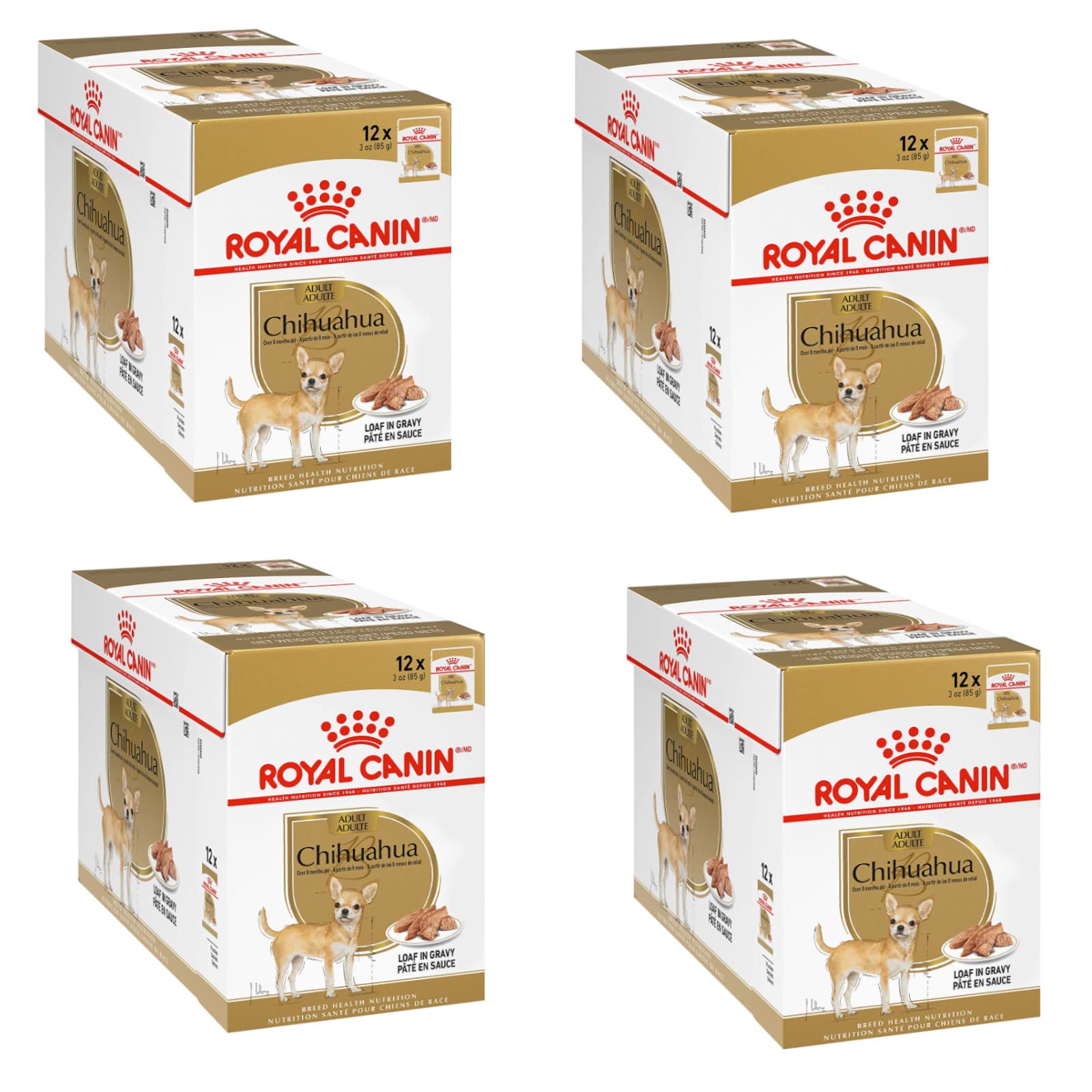 Royal Canin Chihuahua Adult Nassfutter - 4 x 12 x 85g Pack: Braune Stückchen in Soße als Alleinfuttermittel für ausgewachsene Chihuahuas.