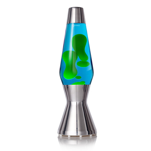 Mathmos Astro Das Original Lavalampe - Blau/Grün. Konische Basis, zylindrisches Glas. Blaues Liquid, grüne Lava. Erzeugt fließende Lichteffekte.