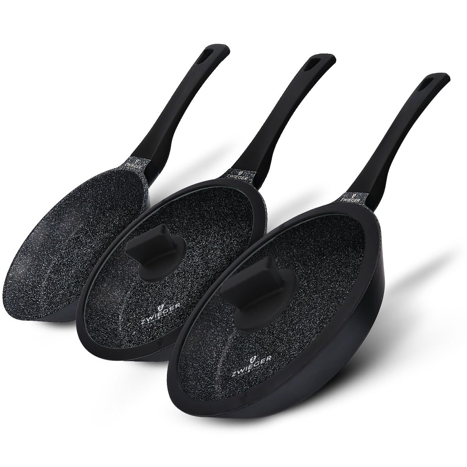 ZWIEGER Aluguss Pfannenset Induktion - 5-teilig Antihaft. Runde, dunkelgraue Antihaft-Pfannen für Kochen & Braten auf Induktionsherden.