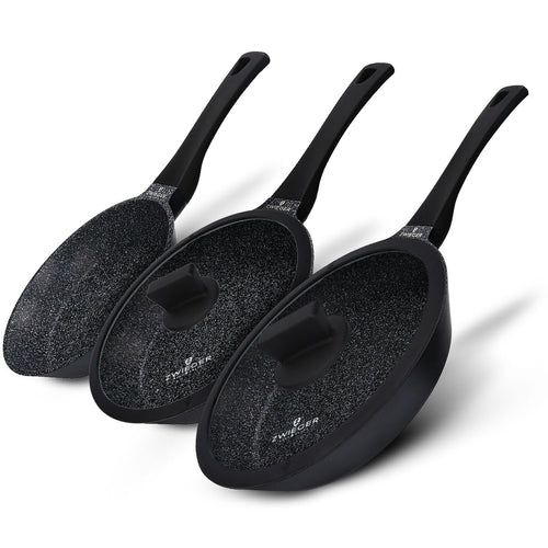 ZWIEGER Aluguss Pfannenset Induktion - 5-teilig Antihaft. Runde, dunkelgraue Antihaft-Pfannen für Kochen & Braten auf Induktionsherden.