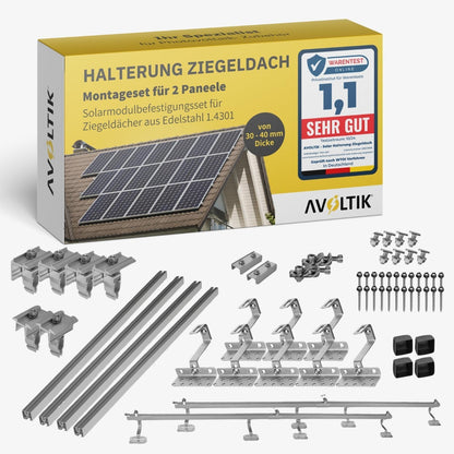 Avoltik PV Halterungsset Ziegeldach – 2 Module 30-40mm. Silberne Schienen, Haken, Klemmen. Zur Montage von 2 PV-Modulen auf Ziegeldächern.