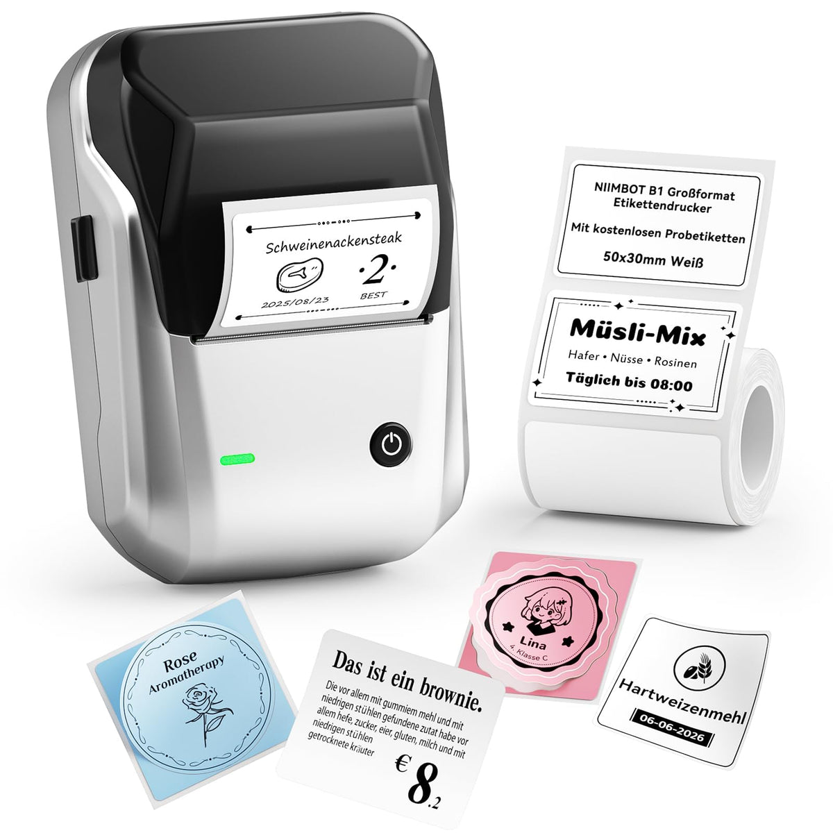 NIIMBOT B1 Etikettendrucker Bluetooth Thermodrucker Silber für Barcode- und Adressetiketten