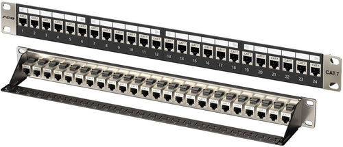 FGB 10Gbps 1U Keystone Patchpanel 24 Anschlüsse Cat7 RJ45 geschirmt. Schwarzes 1U Panel für 10Gbps Verkabelung.