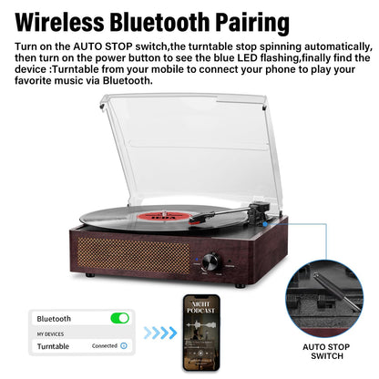 Mersoco Plattenspieler mit Bluetooth, 3-Gang und Stereo-Lautsprecher