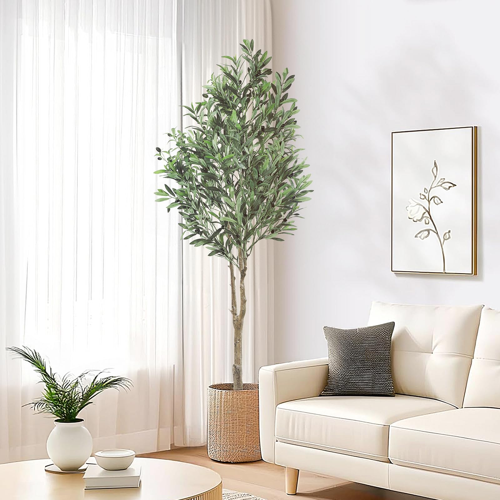Oc'leaf Grosser Künstlicher Olivenbaum im Topf - 180cm. Grüner Kunst-Olivenbaum im schwarzen Topf. Dekoration für Innenbereich.