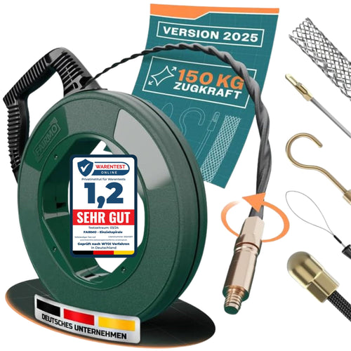 FAIRMO Einziehspirale 30 m, 4 mm PET Zugdraht für Leerrohre mit Kunststoffgehäuse und fünf Adaptern
