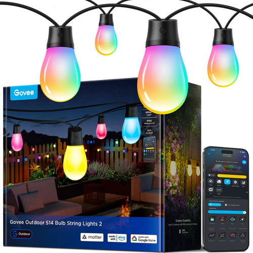 Govee Smart RGBICW LED Aussen-Lichterkette - 15 Meter. Runde LEDs, RGBICW-fähig, für smarte Aussenbeleuchtung.