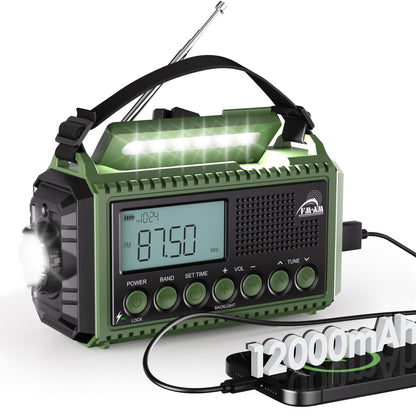 Mesqool Kurbelradio AM/FM/SW, Notfallradio mit Powerbank & SOS-Alarm, Teleskopantenne und Karabiner