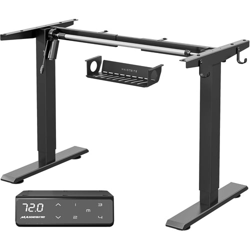 MAIDeSITe T1 Pro Elektrischer Stehschreibtisch 2-Bein - Schwarz. Rechteckige schwarze Tischplatte. Elektrisch höhenverstellbar zum Arbeiten.