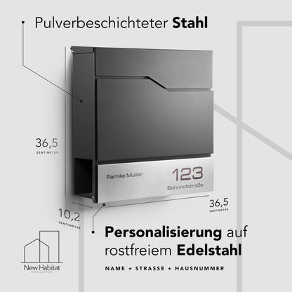 NewHabitat Briefkasten Tokio mit Zeitungsfach und Gravur, Anthrazit