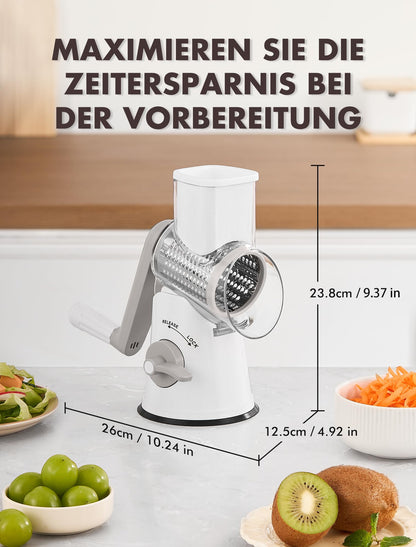 GDL Käsereibe mit Kurbel, Trommelreibe mit 5 Trommelblättern, Grau