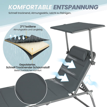 Homecall Sonnenliege klappbar mit Dach, 200 x 70 cm, Karbon Grau
