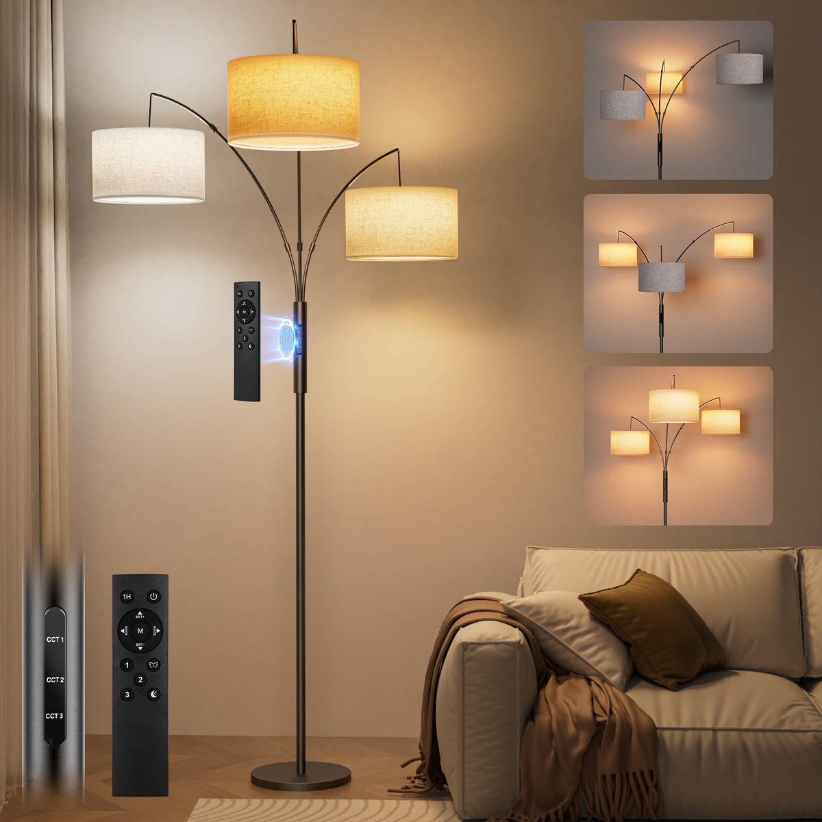 Bogen Stehlampe LED dimmbar Fernbedienung – Beige Stoffschirm. Gebogene Form mit beigem Stoffschirm. Dimmbare LED-Beleuchtung per Fernbedienung.