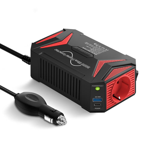 BESTEK 300W Reiner Sinus Wechselrichter 12V/230V Kfz Inverter, schwarzes, rechteckiges Gehäuse. Wandelt 12V DC zu 230V AC.