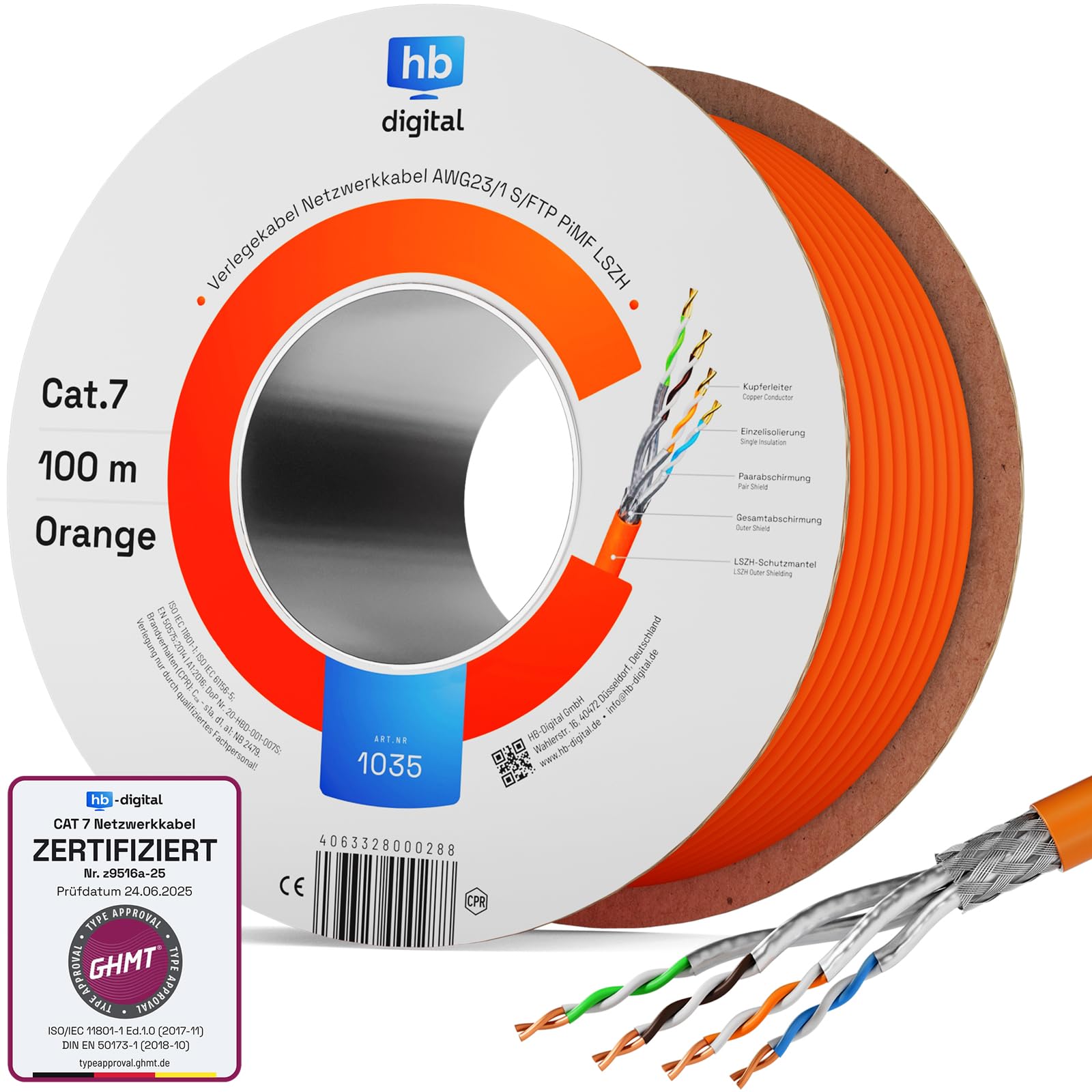 HB-DIGITAL CAT 7 Netzwerkkabel 10m S/FTP 10G Duplex Orange. Orangefarbenes CAT 7 Duplex Kabel für 10G Ethernet Datenübertragung.