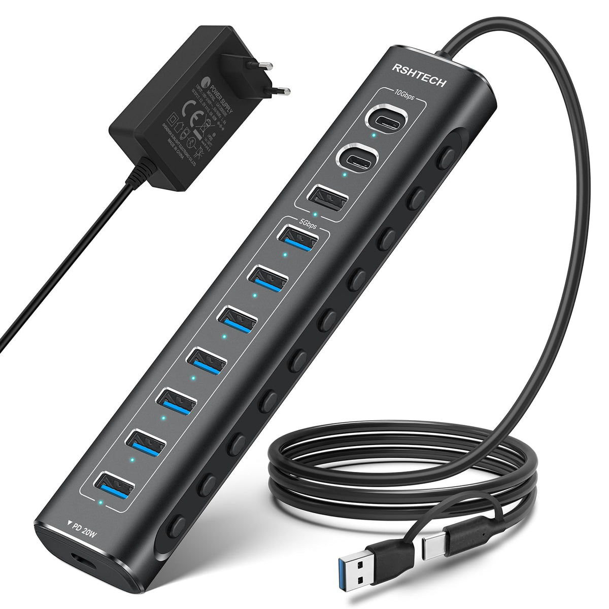 RSHTECH RSH-A11PD USB C Hub aktiv mit Netzteil – 11 Port, 20W PD, schwarz, eckig.