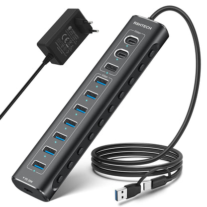 RSHTECH RSH-A11PD USB C Hub aktiv mit Netzteil – 11 Port, 20W PD, schwarz, eckig.