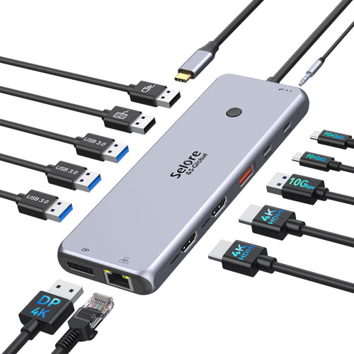 USB C Dockingstation 13-in-1 – Triple Display 4K Dual HDMI, grau. Verbindet Laptop mit 3 4K-Monitoren und Peripherie.