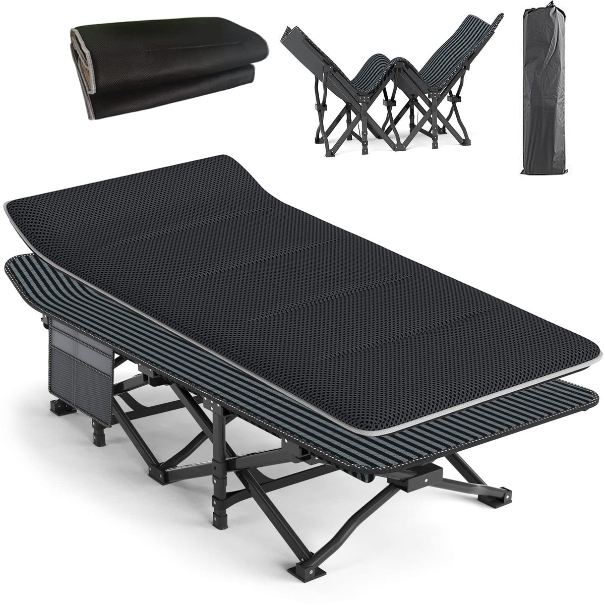 ATORPOK Faltbares Feldbett – Campingliege Klappbar bis 200 kg. Rechteckig, dunkler Stoff, Metallgestell. Bietet Schlafgelegenheit beim Camping.