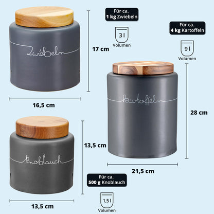 KHG Kartoffel Zwiebel Knoblauch Aufbewahrung 3er Set Keramik Anthrazit