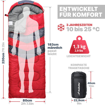 MalloMe Schlafsack für Erwachsene und Kinder, 3–4 Jahreszeiten, rot