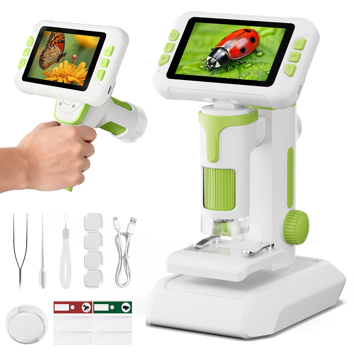 HEWEIMEI Kindermikroskop 1600x P2 mit 4,0-Zoll-Bildschirm, grün, mit Foto- und Videoaufnahme