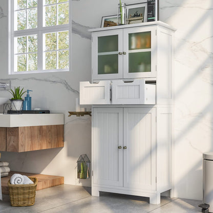 COSTWAY Badschrank mit 2 Schubladen, 4 Türen, Regale verstellbar - Weiss