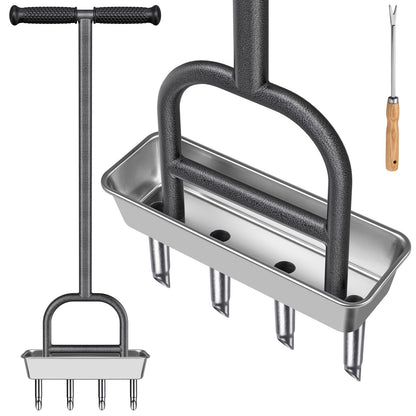 BeneLabel Rasenlüfter Hand Aerifizierer – 4 Zinken T-Griff, mit 4 Hohlzinken und T-Griff, zur manuellen Belüftung des Rasens.