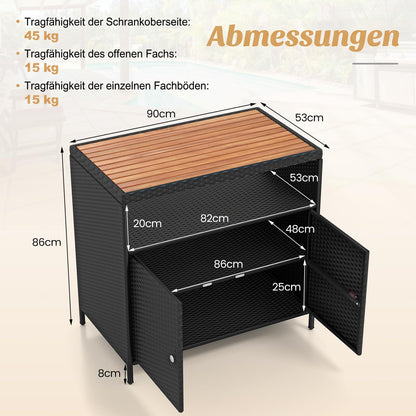 COSTWAY Gartenschrank Rattan mit Akazienholz-Arbeitsplatte, Schwarz