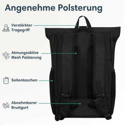 LARKSON Rolltop Rucksack No 2 Schwarz, Daypack mit 16 Zoll Laptopfach