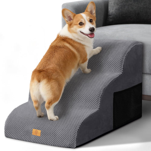 Thihome Haustiertreppe 3 Stufen, Hundetreppe 30D Schaumstoff bis 23 kg mit Cordstoff-Bezug und Tragegriff