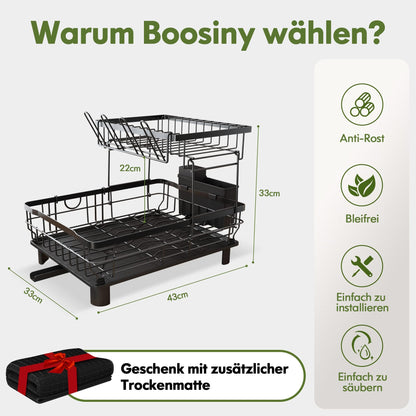 Boosiny Abtropfgestell Edelstahl 2-stöckig mit Abtropfmatte Schwarz