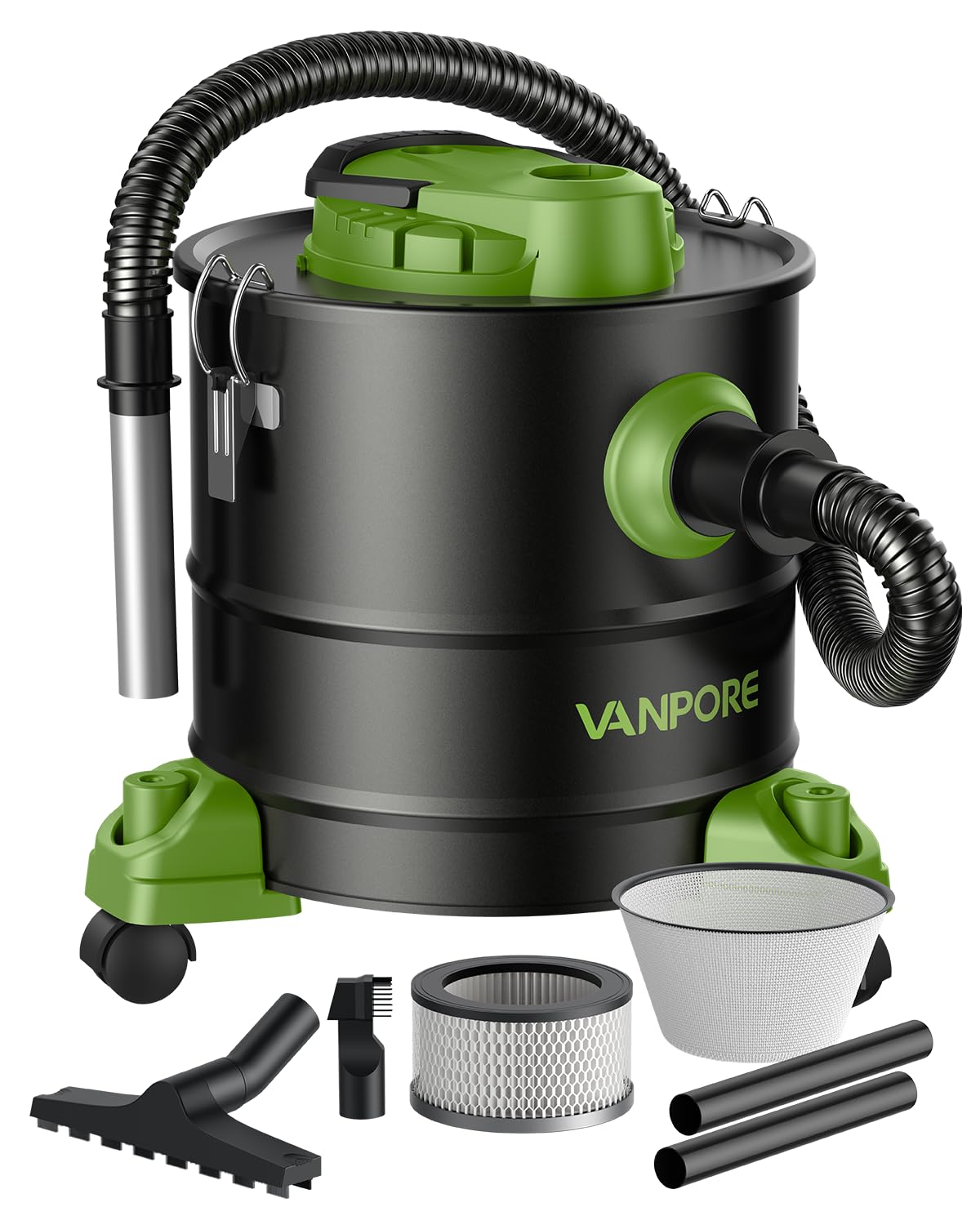 VANPORE Aschesauger 1200W 20L Fahrgestell - Grün. Grüner zylindrischer Sauger auf Fahrgestell. Entfernt kalte Asche aus Öfen.