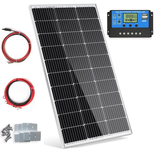 100W Mono Solarpanel Kit – 12V inkl. 20A Laderegler: Rechteckiges, dunkles Monokristallin-Panel. Erzeugt Solarenergie für 12V-Batterieladung.