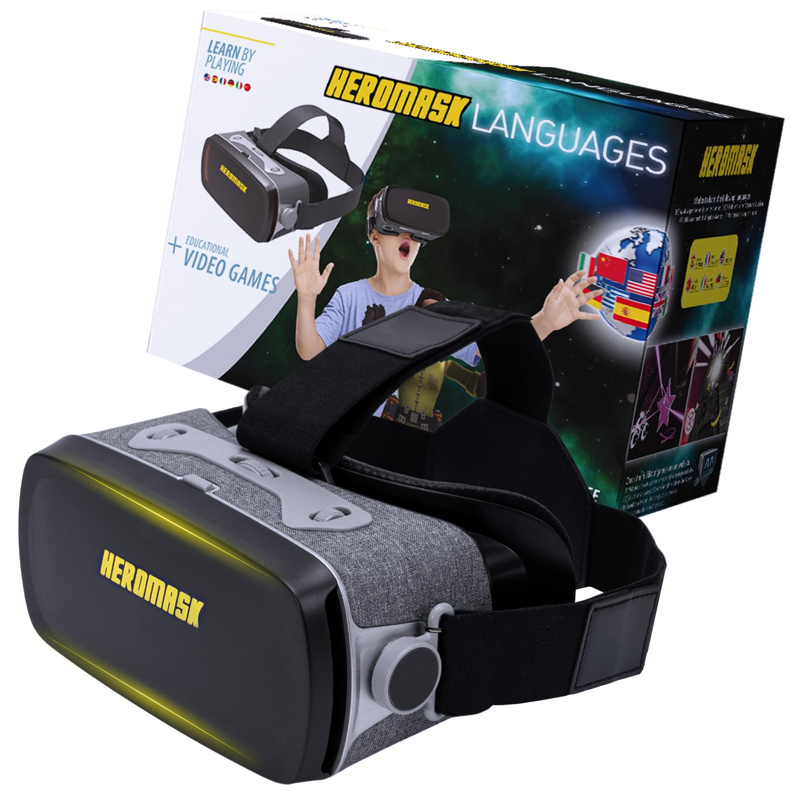 Heromask VR Brille Kinder Sprachlernspiele – iOS. Maskenförmige VR-Brille für immersives Sprachlernen für Kinder.
