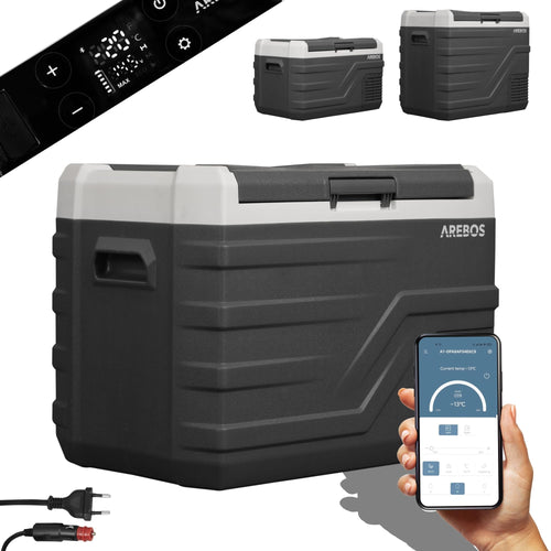 Arebos Kompressor Kühlbox elektrische Gefrierbox - 35 Liter. Rechteckige, graue Kompressor-Kühlbox für mobile Kühlung und Gefrierung von Lebensmitteln.