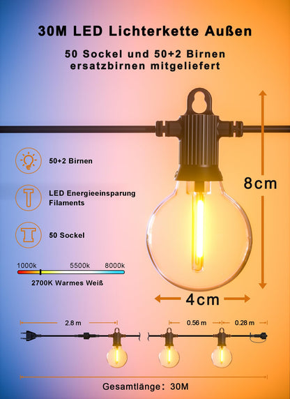 Zuske LED-Lichterkette Aussen 30 m, IP65 mit 50+2 G40 Birnen