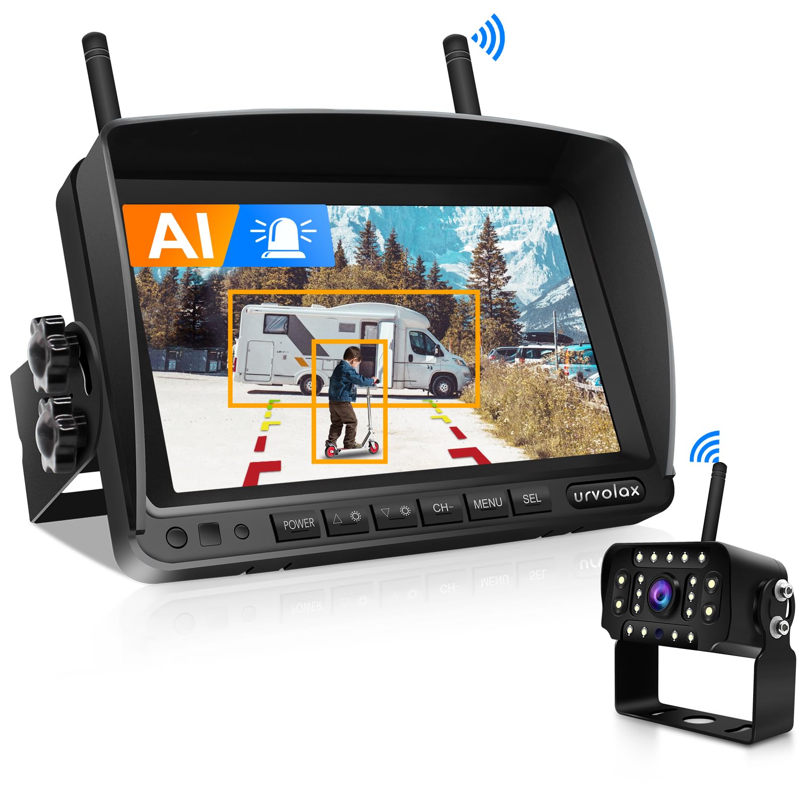URVOLAX Rückfahrkamera System Kabellos: Kabelloses System mit schwarzem 7-Zoll FHD Monitor und Kamera. Erleichtert Rangieren und Einparken mit KI-Unterstützung.