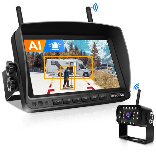 URVOLAX Rückfahrkamera System Kabellos: Kabelloses System mit schwarzem 7-Zoll FHD Monitor und Kamera. Erleichtert Rangieren und Einparken mit KI-Unterstützung.