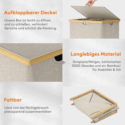 Lifewit Wäschekorb Bambus mit Deckel, 160 L, 2 Fächer, beige