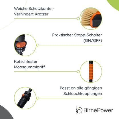BirnePower Teleskop-Waschbürste 150–250 cm mit Wasserdurchfluss