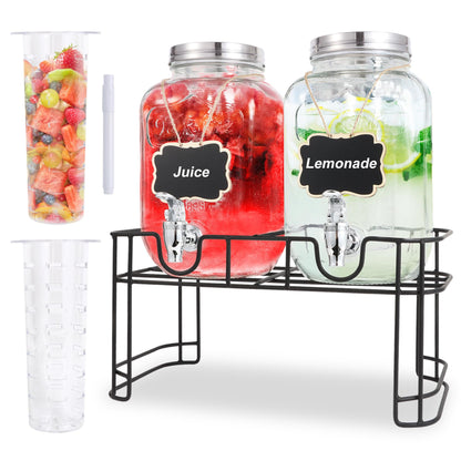 MR.KIANGCI Getränkespender aus Glas, 4 l, 2er-Set mit Zapfhahn, Metallständer und Kreidetafel