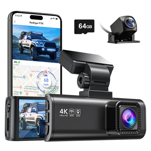 REDTIGER F7N 4K Dashcam Front/Rear mit 64GB Karte, zwei kompakte, schwarze Kameras. Nimmt Fahrten in 4K auf.