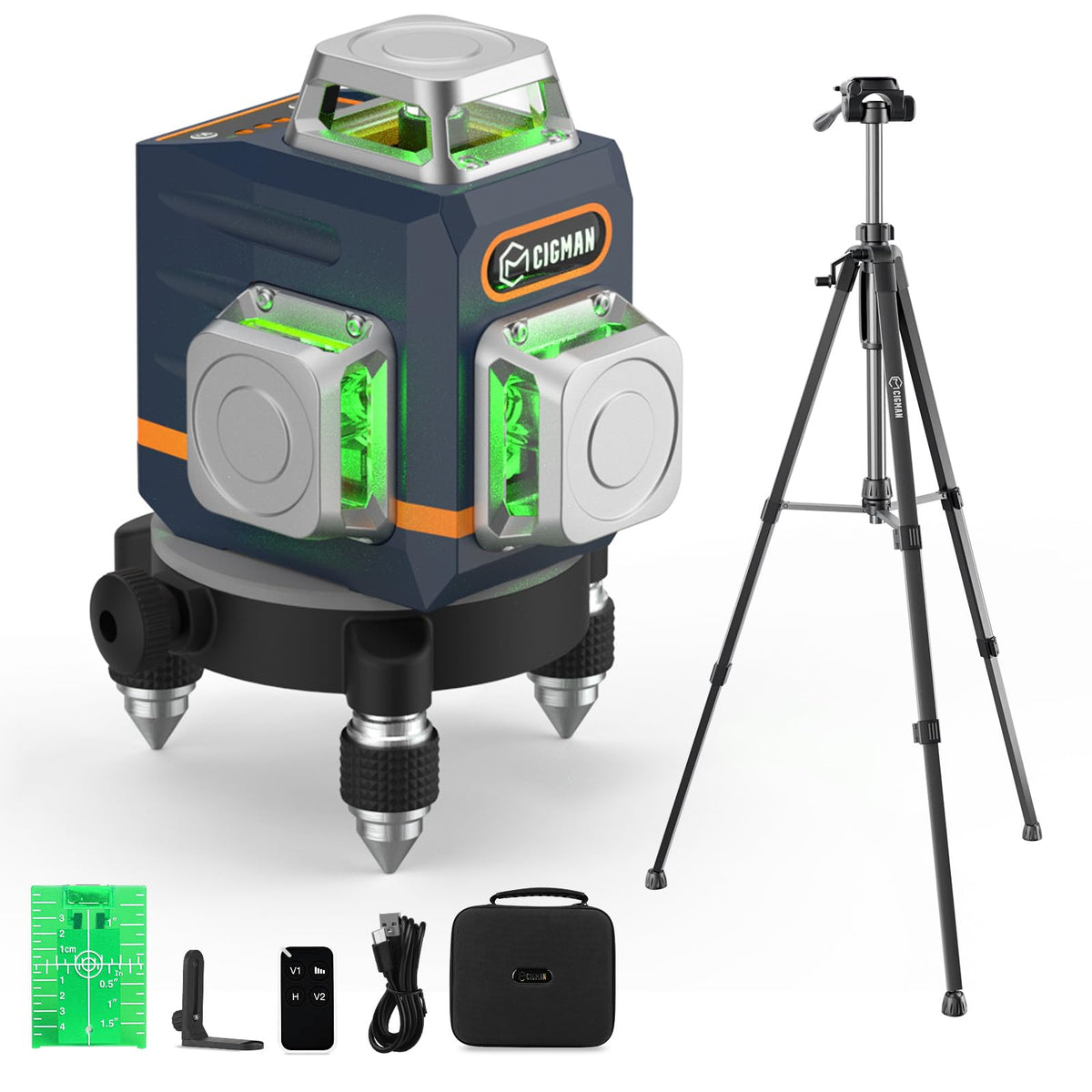 CIGMAN Kreuzlinienlaser CM701T 3x360 Grad mit 1,2 m Aluminium-Stativ, grüne Laserlinien