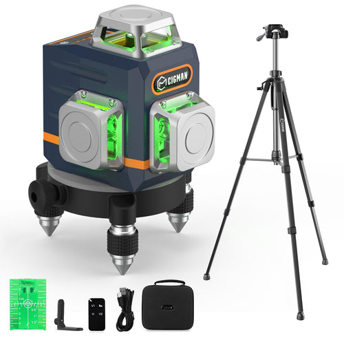 CIGMAN Kreuzlinienlaser CM701T 3x360 Grad mit 1,2 m Aluminium-Stativ, grüne Laserlinien