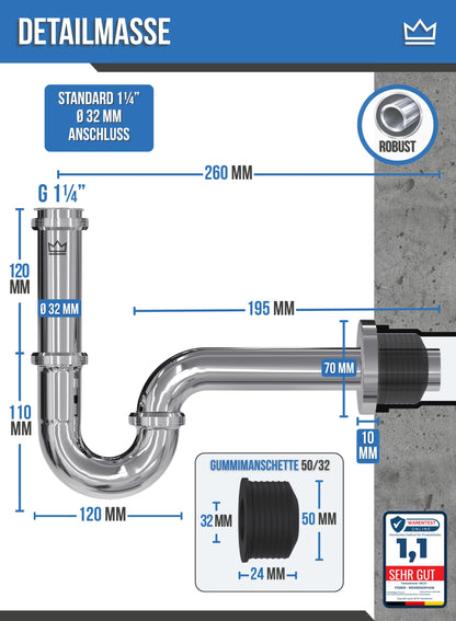 FEINER Ablaufgarnitur mit Überlauf und Siphon für Waschbecken