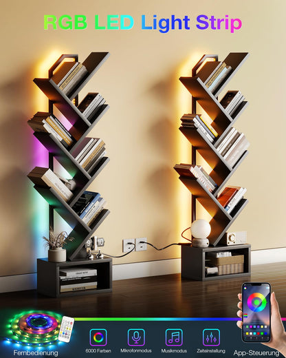 Coleshome Bücherregal Baumform mit Lichtband, 6 Ebenen, Schwarz