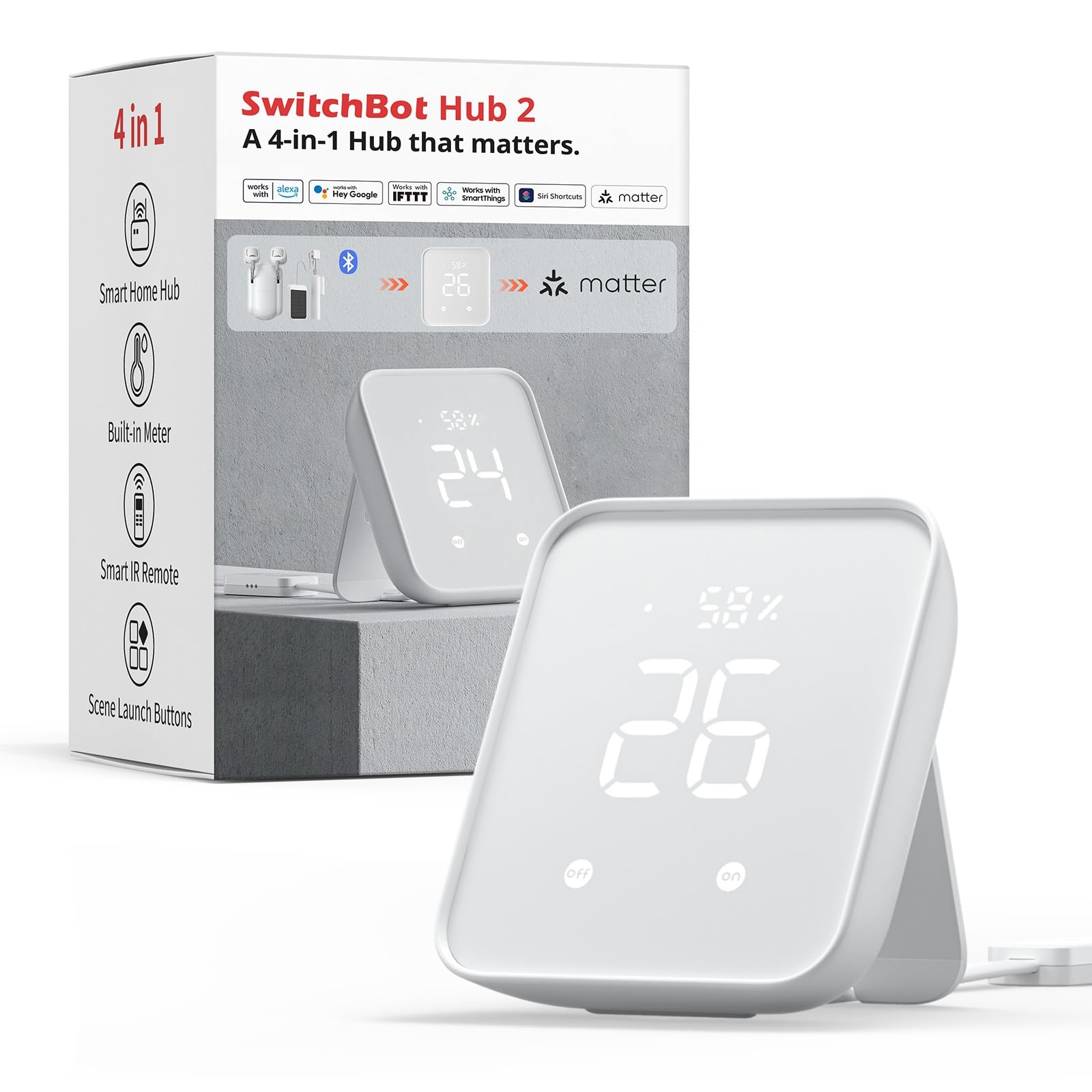 SwitchBot Hub 2 – WLAN Thermometer Hygrometer IR Hub Matter. Weißer Hub überwacht Raumklima & steuert IR-Geräte via WLAN, Matter-kompatibel.