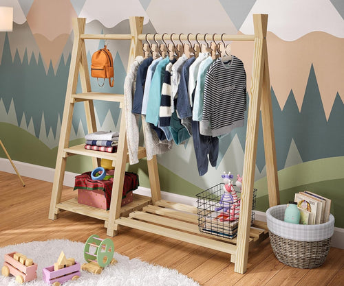 Bellabino Ryck Kleiderstange Kinder - Massivholz Natur 4 Ablagen. Garderobe aus Naturholz mit Stange u. Ablagen für Kinder.